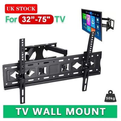 Image de Support mural pour téléviseur, inclinable et pivotant, pour écrans de 32 à 80 pouces. Fixation murale en acier, compatible VESA 400 mm x 600 mm, de couleur noire, supportant jusqu'à 100 kg