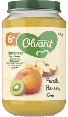 Obrázok produktu pre Olvarit detská kaša Perzik banán kiwi 6+ mesiacov, 200g - ovocná detská kaša bez cukru