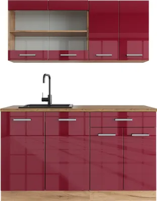 Produktbild von Vicco Singleküche R-Line, 140 cm , AP Eiche, Bordeaux Hochglanz/Goldkraft Eiche