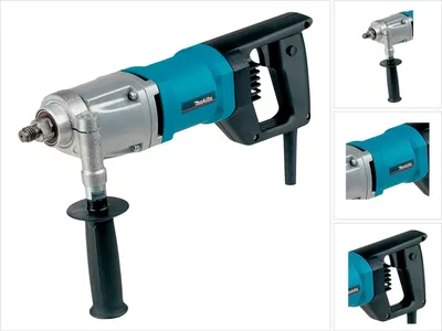 A collage of images showing a Makita DBM080 Diamantbohrmaschine from different angles.