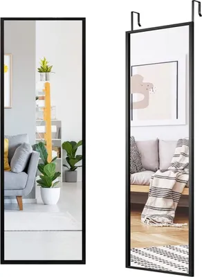 Produktbild von Wandspiegel Metallrahmen, Spiegel Hartglas, Ganzkörperspiegel Wand- & Türmontage, Türspiegel mit 3-stufig verstellbarem Haken, Hängespiegel für Schlafzimmer & Garderobe & Eingang (Schwarz)