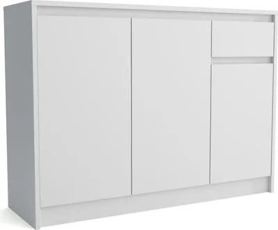 A white sideboard with three doors and one drawer.