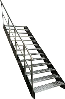 Produktbild von Stahl Wangentreppe Gitterroststufen 13 Stufen Geländer Links - Verzinkt & Anthrazit pulverlackierten Wangen - (B x H x T) 60 x 247 x 253 cm