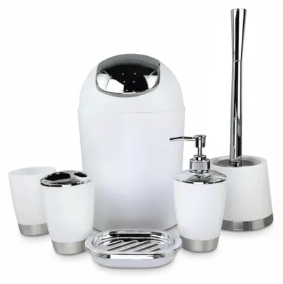 Produktbild von 6tlg Badset Badezimmer Zubehör Set Organizer: (Weiß Design 1) Seifenspender, Zahnputzbecher, Kosmetikeimer, WC Bürste, Seifenschale, Mülleimer