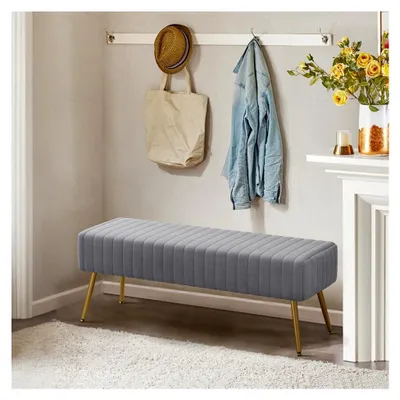 Produktbild von Sitzbank für Flur und Schlafzimmer 113,5 cm, Esszimmerbank, Bettbank, Fußbank, Polsterbank, Schminkbank, Schuhbank mit Metallbeinen aus Samt in Grau