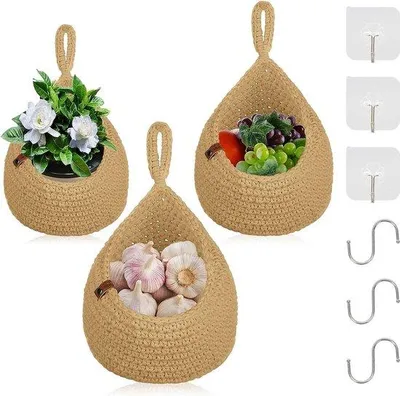 Obrázek produktu pro Závěsný nástěnný košík, 3 háčky, ručně tkaný, bavlna, do kuchyně, dekorativní
