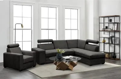 Produktbild von Ecksofa mit Sessel Roma modernes Eckgarnitur mit Sessel Schlafecke mit Bettkasten Kopfstützen, Stoff: vardo 16 - dunkelgrau, Ottomane: rechts