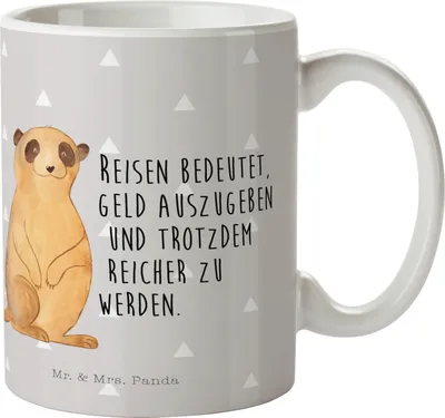 Produktbild von Mr. & Mrs. Panda Tasse Erdmännchen - Grau Pastell - Geschenk, Kaffeetasse, Teetasse, Afrika, Reisen, Traveling, Spruch, Henkelbecher, Roadtrip, Becher, Kaffeebecher
