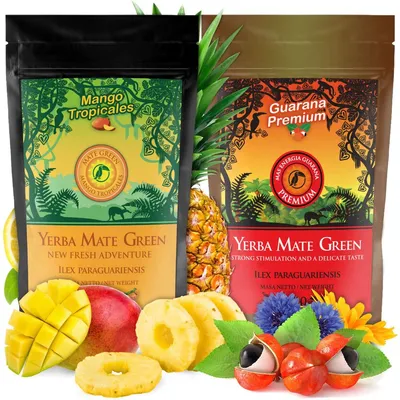 Produktbild von Yerba Mate-Tee Mate Green Set 1kg - Yerba Mate Tee Mango Tropicales mit Mango und Ananas 500g - Mate-Tee Energia Guarana PREMIUM 500g