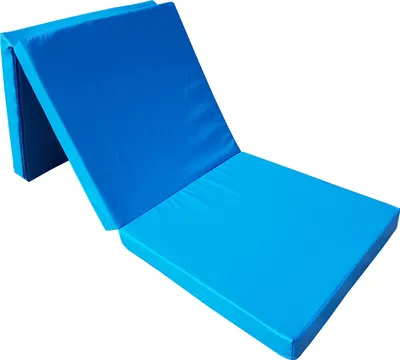 A blue folding mat is shown on a white background.