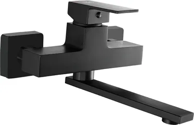 A black wall-mounted faucet with a swivel spout.