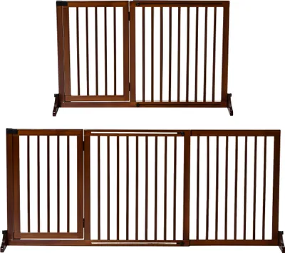 Produktbild von PawHut Absperrgitter Hunde Türschutzgitter Schutzgitter aus Holz Freistehendes Hundegitter mit Tür Hundeabsperrgitter Konfigurationsgitter für Kamin & Ofen Braun 113-166 x 36 x 71 cm