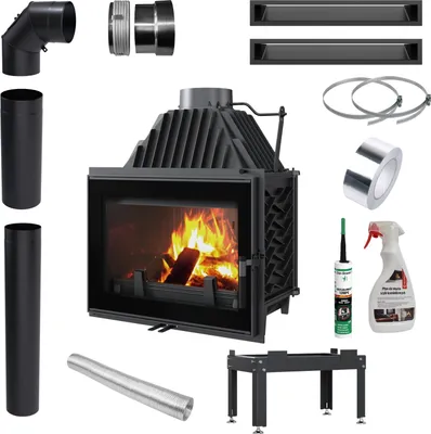 A collection of fireplace insert components and accessories laid out on a white background.