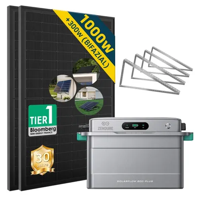 Produktbild von ALLDREI Balkonkraftwerk mit Speicher Zendure SolarFlow 800 PLUS  1.92kWh, 2 MPPT, Komplettset mit 2*500W Bifazialer Solarpanel & Flachdach Halterung
