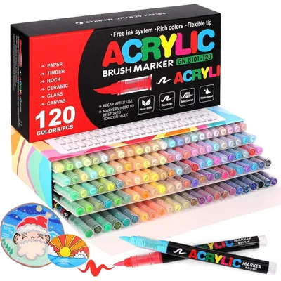 Immagine prodotto di Set di pennarelli acrilici, 120 colori, resistenti all'acqua, punta a pennello, ad asciugatura rapida, atossici, adatti per pietra, vetro, Vetroceramica, legno e metallo