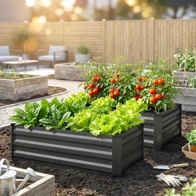 Produktbild von Hochbeet Gartenbeet 2er-Set, Kräuterbeet wetterfest, Blumenkasten Stahl, offener Boden, Dunkelgrau | 100 x 60 x 30 cm | 6 kg
