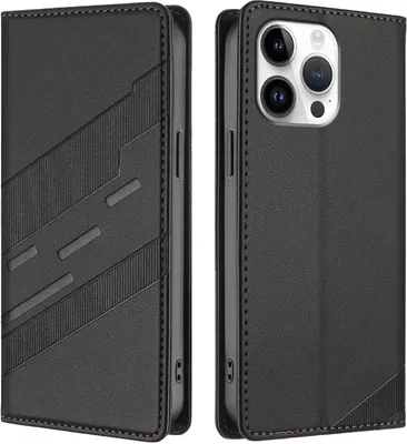 Produktbild von Hülle für iPhone 16 Pro Max, Kunstleder Brieftaschen Handyhülle mit Kartenfach und Standfunktion Schwarz
