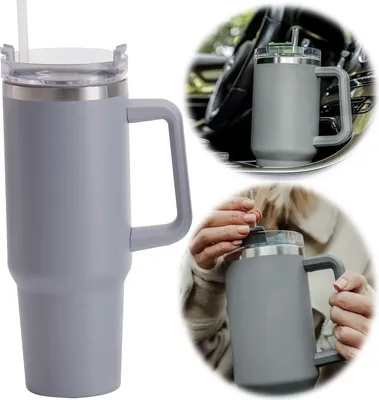 Produktbild von LS-LebenStil XL Edelstahl Trinkbecher Grau 1200ml mit Griff Strohhalm Vakuum Tumbler Kaffeebecher Coffee to Go Thermobecher Isolierbecher 1,2 Liter