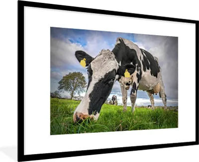 Produktbild von MuchoWow® Gerahmtes Poster Kuh - Gras - Bauernhof - Natur 90x60 cm - Poster mit Schwarzem Bilderrahmen Wandposter Rahmen Foto Bilder - Wanddekoration - Fotos