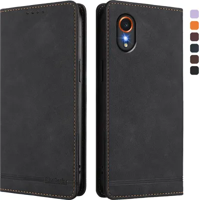 Image de Etui pour Samsung Galaxy Xcover7, étui rétro en cuirPolyuréthaneavec support et fentes pour cartes de crédit Noir