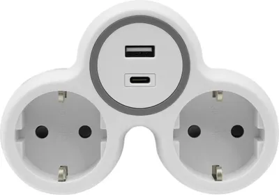 A white electrical adapter with two European-style outlets and two USB ports.