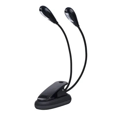 A black clip-on LED reading light with two adjustable gooseneck arms and two LED lights.