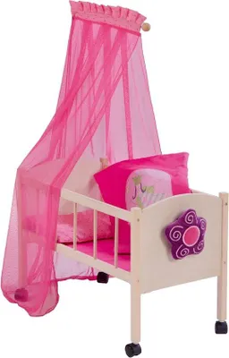 Image de Lit en bois avec linge de lit rose et baldaquin, tissu compris