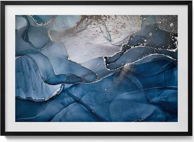 Produktbild von Blaue Abstraktion mit Gold– Wandbild mit Rahmen – Gerahmtes Bild  – Wanddekoration – 100x70 cm –  Schwarz Rahmen