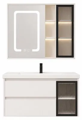 Image de Ensemble meuble de salle de bain avec vasque et armoire miroir LED - 80 cm - Blanc - ARVIA