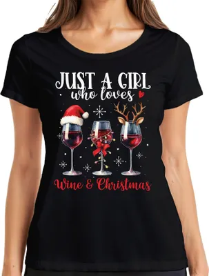 Produktbild von Just A Girl Who Loves Wine & Christmas - Weihnachten Weihnachtsgeschenk Christmas Damen T-Shirt, Schwarz, L