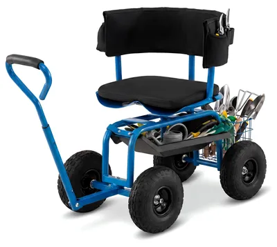 Image de Chariot de jardin COSTWAY jusqu'à 135 kg, siège de jardin mobile avec siège à roulettes, poignée télescopique, tablette, panier, sac à outils et coussin d'assise, pivotant à 360°, réglable en hauteur