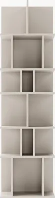 A minimalist, empty bookshelf against a light gray background.