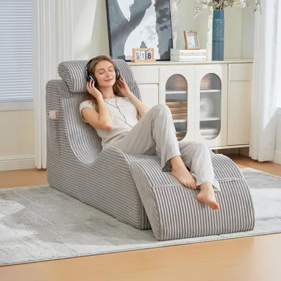 Image de LVHOM Chaise longue rembourrée avec coussins et repose-pieds amovibles, Chaise longue de relaxation, Fauteuil de relaxation avec fonction de sommeil, tissu velours côtelé, Gris clair