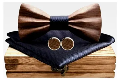 Produktbild von Holzfliege mit Manschettenknöpfen und Einstecktuch Set für Herren