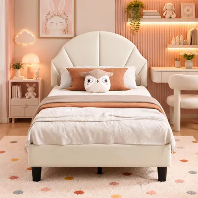 Productafbeelding van INONEFT Kinderbed, gestoffeerd bed 90x200 cm met verstelbaar hoofdeinde, meisjesbed voor kinderen en tieners, zonder matras, fluweel, beige