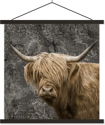 Produktbild von MuchoWow® Textilposter Schottisches Hochlandrind - Weltkarte - Tiere 40x40 cm mit schwarzem Rahmen - Fotos