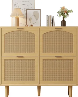 Produktbild von MODFU  Schuhschrank mit  4 Klappenfächern,Schuhregal aus Rattan mit Metallgriffen ,Schuhkipper  für Schlafzimmer, Wohnzimmer, Eiche