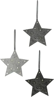 Three felt star ornaments with LED lights, hanging from ribbons.