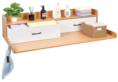 Produktbild von Washer Dryer Countertop with Shelf, 137x69.9cm Wooden Washer and Dryer Topper with 2 Drawers & 2 Hooks, Laundry Machine Topper for Laundry Closet Pantry Counter Organization & Storage, Burlywood