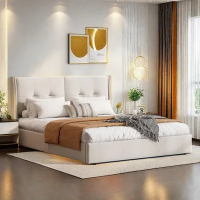 Obrázek produktu pro UnboxG Čalouněná postel 160x200 cm s LED diodami a podstavcem pod postel - moderní látková postel s plynovou tlakovou pružinou, úložným prostorem, osvětlením hlavy a nohou, bočními kapsami a měkkým sametovým potahem v béžové barvě