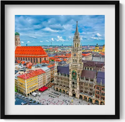 Produktbild von Rathaus am Marienplatz in München– Wandbild mit Rahmen – Gerahmtes Bild  – Wanddekoration – 50x50 cm –  Schwarz Rahmen