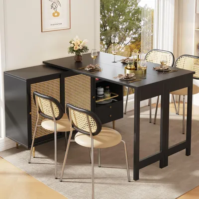 Image de MODFU Meuble Bar Moderne Avec Étagères Et Portes, Table De Bar Extensible Pivotante Pour Cuisine Ou Salle À Manger - MDF - Noir