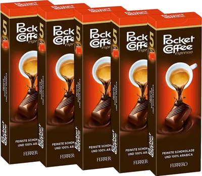 A row of five identical boxes of Pocket Coffee espresso chocolates.