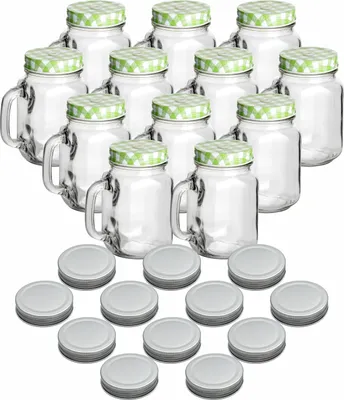 Produktbild von gouveo 12er Set Trinkgläser 450 ml mit Deckel grün, silberfarben - Trinkglas mit Henkel und Drehverschluss - Henkelgläser mit Deckel