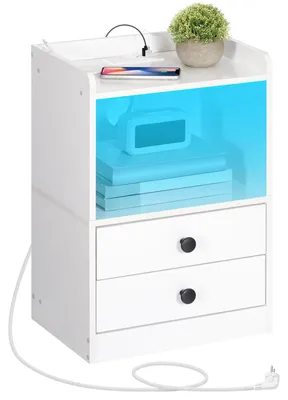 Nachtkästchen mit LED, Ladestation, 2 Schubladen, weiß