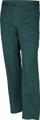 A pair of green work pants shown from the side.