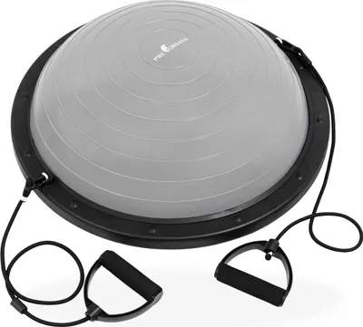 A gray and black balance trainer with resistance bands and handles is shown against a white background.