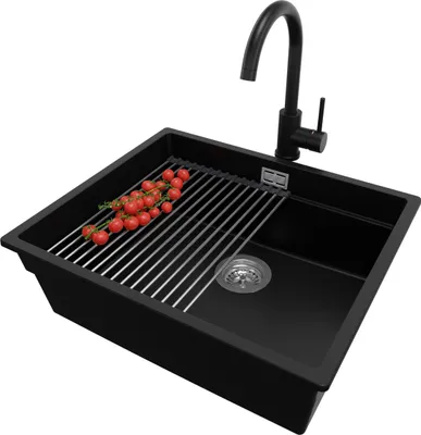 Produktbild von PRIMAGRAN Unterbauspüle Granit Schwarz 56x47cm, Spülbecken 1 Becken + Ablauf-Set + Küchenzubehörset, Granitspüle ab 60er Unterschrank - Praga