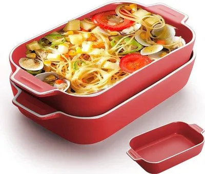 Produktbild von Famanu Lasagneform 2 Stück 9" x 5" rechteckige Keramikbackformen mit Griff - rot