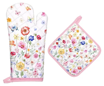 Produktbild von Ofenhandschuh und Topflappen 2er-Set Baumwolle Blumen-Motiv hitzebeständig bis 260°C
